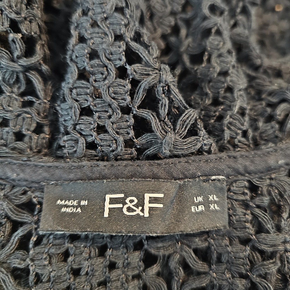 F&F Black Cotton Crochet Dress XL Sleeveless Openweave Sheer Dress Side Slits - Picture 3 of 10